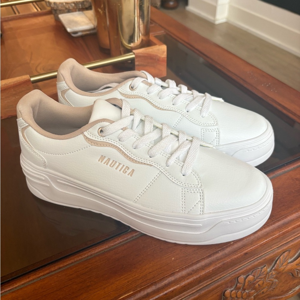 Women’s Nautica White Sneakers with Beige Accents, size 9.5